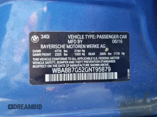 2016 BMW 3 Series 340i xDrive with VIN WBA8B7G52GNT95879, listed as a Copart auction lot 56124225 with 128,051 mi miles and Salvage title. Bid and sale history available at DreamBid. Image 12.