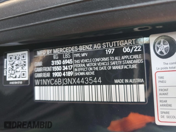 2022 Mercedes-Benz G 550 with VIN W1NYC6BJ3NX443544, listed as a Copart auction lot 86539244 with 17,618 mi miles and Salvage Title. Bid and sale history available at DreamBid. Image 13.