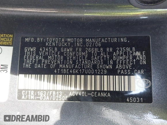 2007 Toyota Camry CE with VIN 4T1BE46K17U001229, listed as a IAAI auction lot 42072932 with 237,786 mi miles. Bid and sale history available at carsss.com. Image 9.