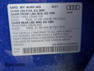 2021 Audi SQ5 Premium Plus with VIN WA1B4BFY4M2096922, listed as a Copart auction lot 82968884 with 37,265 mi miles and Salvage Title. Bid and sale history available at DreamBid. Image 15.