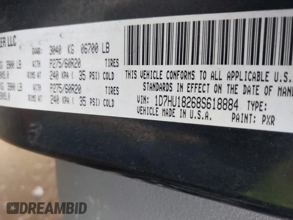 2008 Dodge 1500 SLT with VIN 1D7HU18268S618884, listed as a IAAI auction lot 41565100 with Not Provided miles and . Bid and sale history available at DreamBid. Image 9.