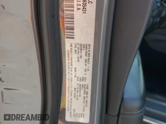 2023 Dodge Durango SXT with VIN 1C4RDHAG2PC635431, listed as a Copart auction lot 50195085 with 38,114 mi miles and Salvage title. Bid and sale history available at DreamBid. Image 13.