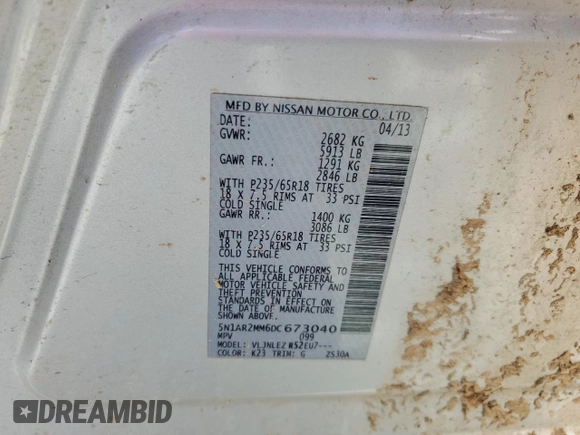 2013 Nissan Pathfinder SL with VIN 5N1AR2MM6DC673040, listed as a Copart auction lot 50086285 with 116,073 mi miles and Salvage Title. Bid and sale history available at carsss.com. Image 14.