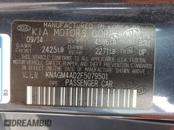 2015 Kia Optima with VIN KNAGM4AD2F5079501, listed as a Copart auction lot 55307585 with 113,136 mi miles and Salvage Title. Bid and sale history available at DreamBid. Image 12.