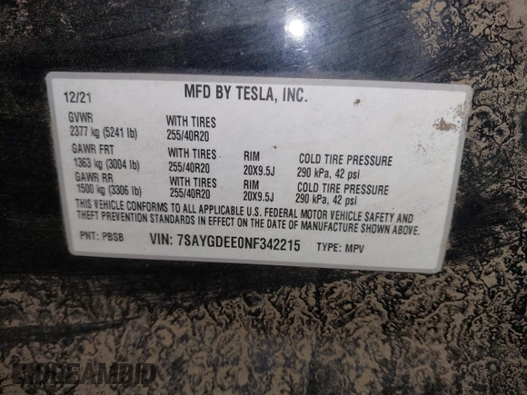 2022 Tesla Model Y Long Range z VIN 7SAYGDEE0NF342215, wystawiony jako IAAI lot #42136858 z przebiegiem 53 037 mil mil oraz . Historia ofert i sprzedaży dostępna na DreamBid. Obrazek 9.
