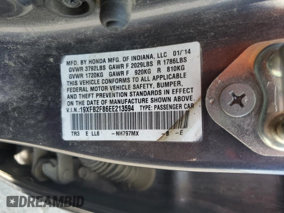 2014 Honda Civic Sedan EX with VIN 19XFB2F86EE213594, listed as a Copart auction lot 53097565 with 145,219 mi miles and Salvage Title. Bid and sale history available at carsss.com. Image 12.
