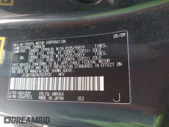 2010 Lexus RX 450h with VIN JTJBC1BA2A2003920, listed as a IAAI auction lot 42127344 with 147,015 mi miles and . Bid and sale history available at DreamBid. Image 9.