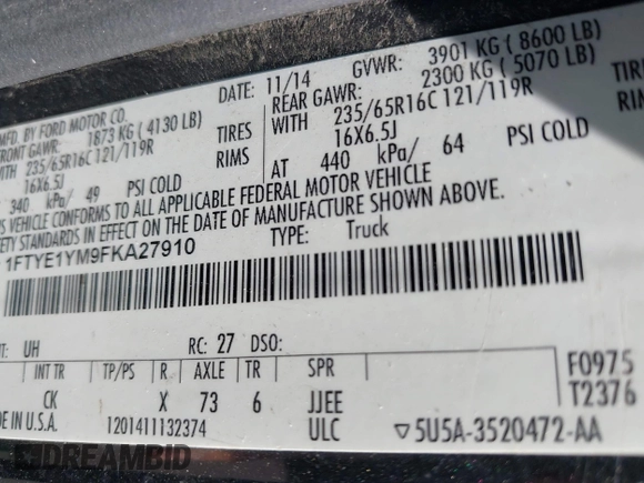 2015 Ford Transit Cargo with VIN 1FTYE1YM9FKA27910, listed as a IAAI auction lot 39414304 with 156,451 mi miles and . Bid and sale history available at DreamBid. Image 9.