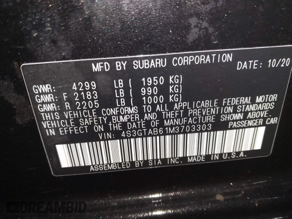 2021 Subaru Impreza с VIN 4S3GTAB61M3703303, выставлен на аукционе IAAI как лот 41508372 с пробегом 39 835 миль миль и . История ставок и продаж доступна на DreamBid. Изображение 8.