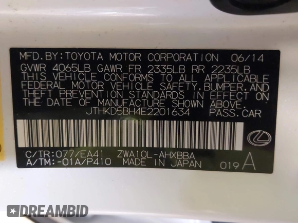 2014 Lexus CT 200h Hybrid with VIN JTHKD5BH4E2201634, listed as a IAAI auction lot 41068948 with 132,125 mi miles. Bid and sale history available at carsss.com. Image 9.