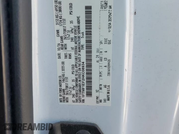 2017 Ford F-150 XL с VIN 1FTMF1EF2HKC08934, выставлен на аукционе Copart как лот 55259815 с пробегом 138 128 миль миль и На запчасти • Non repairable. История ставок и продаж доступна на DreamBid. Изображение 12.