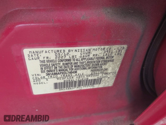 2012 Nissan Sentra S with VIN 3N1AB6APXCL740436, listed as a IAAI auction lot 42547986 with 99,410 mi miles and . Bid and sale history available at DreamBid. Image 9.