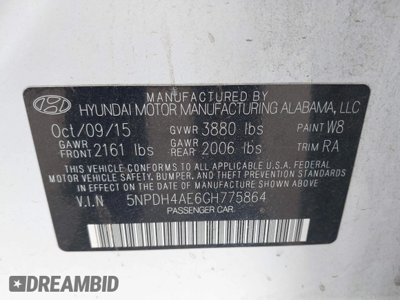 2016 Hyundai Elantra SE with VIN 5NPDH4AE6GH775864, listed as a IAAI auction lot 41870980 with 110,886 mi miles. Bid and sale history available at carsss.com. Image 9.