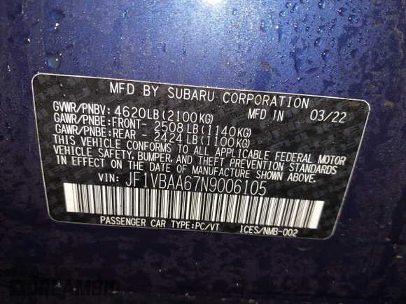 2022 Subaru WRX with VIN JF1VBAA67N9006105, listed as a IAAI auction lot 41573600 with 50,343 mi miles. Bid and sale history available at carsss.com. Image 9.