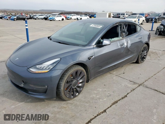 2021 Tesla Model 3 Performance with VIN 5YJ3E1EC5MF850673, listed as a Copart auction lot 47560665 with 96,950 mi miles and Salvage Title. Bid and sale history available at DreamBid. Image 1.