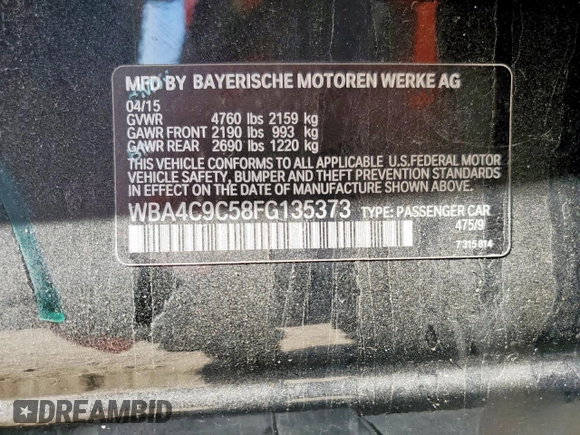 2015 BMW 4 Series 428i xDrive with VIN WBA4C9C58FG135373, listed as a Copart auction lot 58545155 with 122,732 mi miles and Salvage title. Bid and sale history available at DreamBid. Image 13.