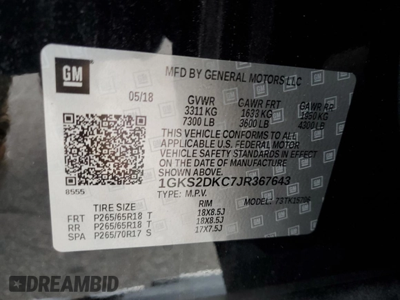 2018 GMC Yukon SLT Standard Edition with VIN 1GKS2DKC7JR367643, listed as a Copart auction lot 46979915 with 90,548 mi miles and Salvage Title. Bid and sale history available at carsss.com. Image 13.
