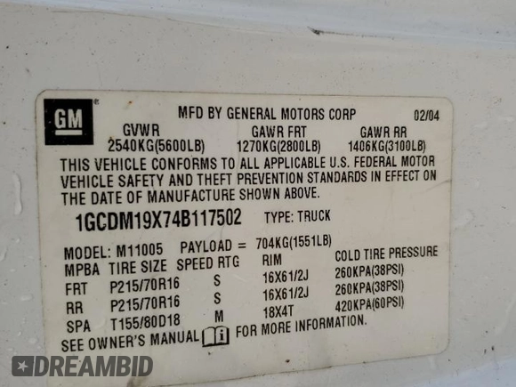 2004 Chevrolet Astro Cargo z VIN 1GCDM19X74B117502, wystawiony jako Copart lot #87210454 z przebiegiem Nie podano mil oraz Szkoda całkowita • Salvage title. Historia ofert i sprzedaży dostępna na DreamBid. Obrazek 13.