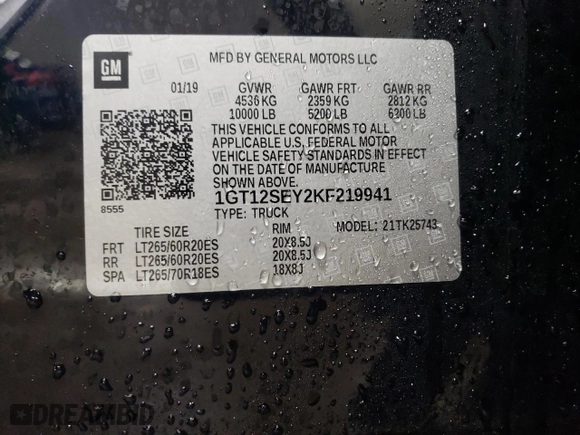 2019 GMC Sierra 2500HD Denali with VIN 1GT12SEY2KF219941, listed as a Copart auction lot 51613435 with 47,845 mi miles and Salvage Title. Bid and sale history available at carsss.com. Image 12.