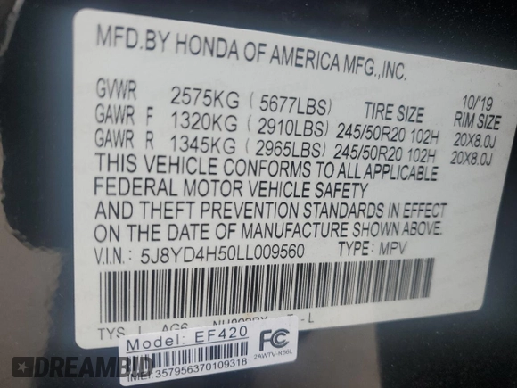 2020 Acura MDX w/Technology Pkg with VIN 5J8YD4H50LL009560, listed as a Copart auction lot 43223575 with 36,447 mi miles and Salvage Title. Bid and sale history available at carsss.com. Image 14.