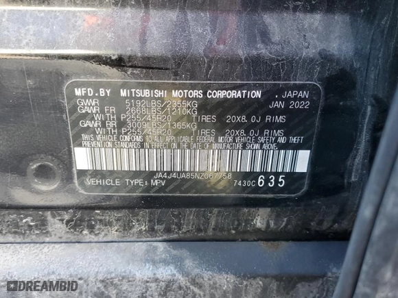 2022 Mitsubishi Outlander SE with VIN JA4J4UA85NZ067758, listed as a Copart auction lot 46096245 with 75,396 mi miles and Salvage Title. Bid and sale history available at carsss.com. Image 15.