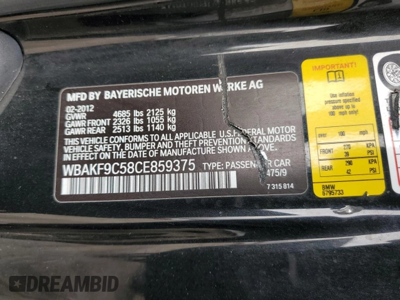 2012 BMW 3 Series 335i xDrive with VIN WBAKF9C58CE859375, listed as a Copart auction lot 49975715 with 111,944 mi miles and Salvage Title. Bid and sale history available at carsss.com. Image 14.