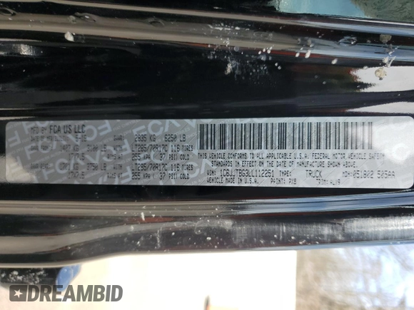 2020 Jeep Gladiator Rubicon with VIN 1C6JJTBG3LL112251, listed as a Copart auction lot 54123125 with Not provided miles and Salvage title. Bid and sale history available at DreamBid. Image 12.
