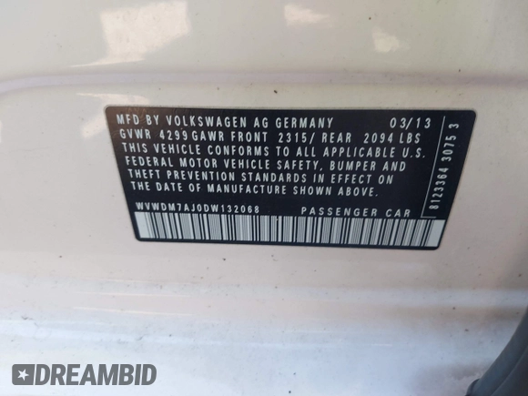 2013 Volkswagen Golf TDI with VIN WVWDM7AJ0DW132068, listed as a IAAI auction lot 41683723 with 124,310 mi miles and . Bid and sale history available at DreamBid. Image 9.
