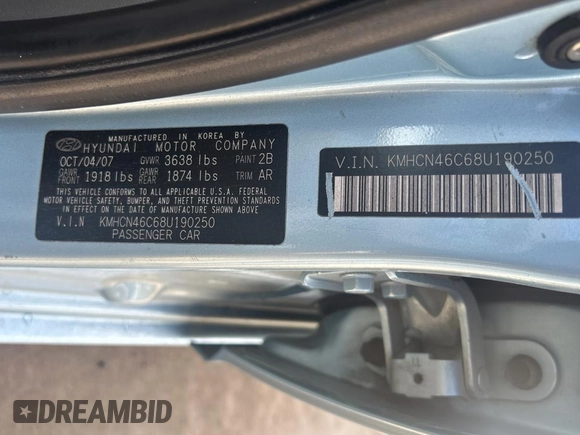 2008 Hyundai Accent GLS with VIN KMHCN46C68U190250, listed as a Copart auction lot 52031835 with 238,026 mi miles and Salvage Title. Bid and sale history available at carsss.com. Image 10.