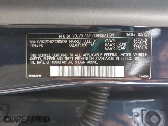 2015 Volvo S60 T5 Platinum with VIN YV1612TMXF2360756, listed as a Copart auction lot 47140365 with 147,280 mi miles and Clean Title. Bid and sale history available at carsss.com. Image 12.