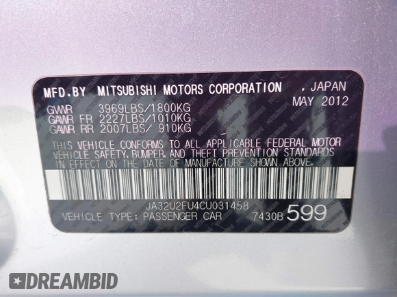 2012 Mitsubishi Lancer ES with VIN JA32U2FU4CU031458, listed as a IAAI auction lot 42598590 with 265,884 mi miles and . Bid and sale history available at DreamBid. Image 9.