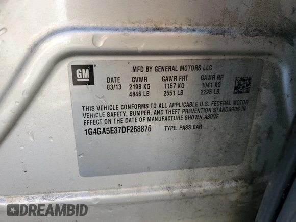 2013 Buick LaCrosse with VIN 1G4GA5E37DF268876, listed as a Copart auction lot 48809295 with 142,721 mi miles and Salvage title. Bid and sale history available at DreamBid. Image 12.