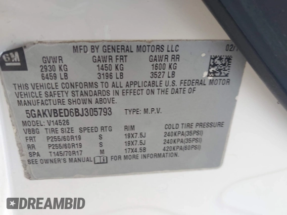 2011 Buick Enclave CXL-1 with VIN 5GAKVBED6BJ305793, listed as a IAAI auction lot 41946591 with 158,093 mi miles and . Bid and sale history available at DreamBid. Image 9.