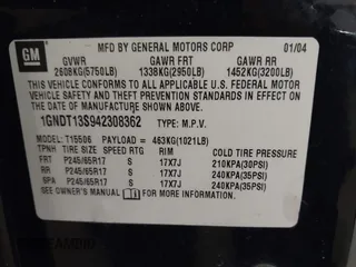 2004 Chevrolet TrailBlazer LS with VIN 1GNDT13S942308362, listed as a IAAI auction lot 41913292 with 153,458 mi miles. Bid and sale history available at carsss.com. Image 9.