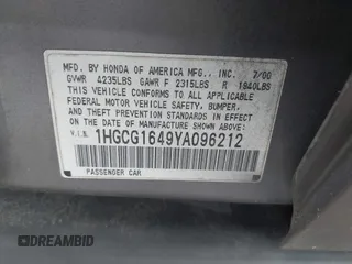 2000 Honda Accord LX z VIN 1HGCG1649YA096212, wystawiony jako IAAI lot #41737193 z przebiegiem 181 489 mil mil oraz . Historia ofert i sprzedaży dostępna na DreamBid. Obrazek 9.