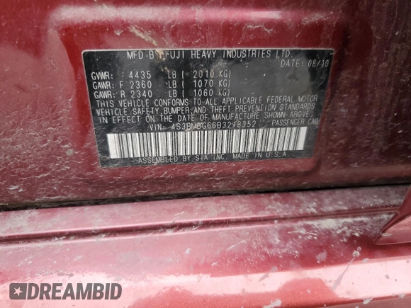 2011 Subaru Legacy Premium Power Moon z VIN 4S3BMBG66B3218352, wystawiony jako Copart lot #53925435 z przebiegiem 198 899 mil mil oraz Szkoda całkowita • Salvage title. Historia ofert i sprzedaży dostępna na DreamBid. Obrazek 12.