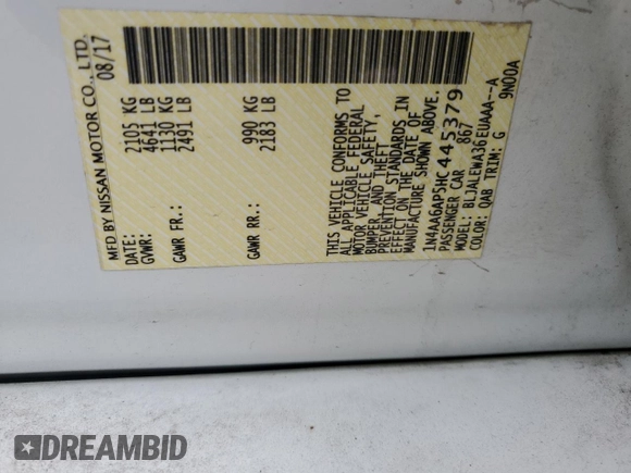 2017 Nissan Maxima SR with VIN 1N4AA6AP5HC445379, listed as a Copart auction lot 86525454 with 175,832 mi miles and Salvage title. Bid and sale history available at DreamBid. Image 12.