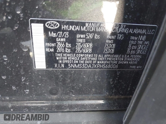 2023 Hyundai Santa Fe SEL with VIN 5NMS3DAJXPH568006, listed as a IAAI auction lot 41897908 with 31,375 mi miles and . Bid and sale history available at DreamBid. Image 9.