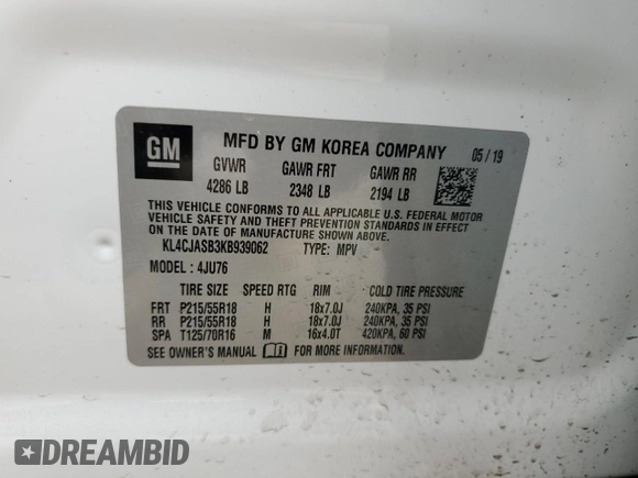 2019 Buick Encore Preferred with VIN KL4CJASB3KB939062, listed as a Copart auction lot 49439635 with 104,110 mi miles and Salvage Title. Bid and sale history available at DreamBid. Image 12.
