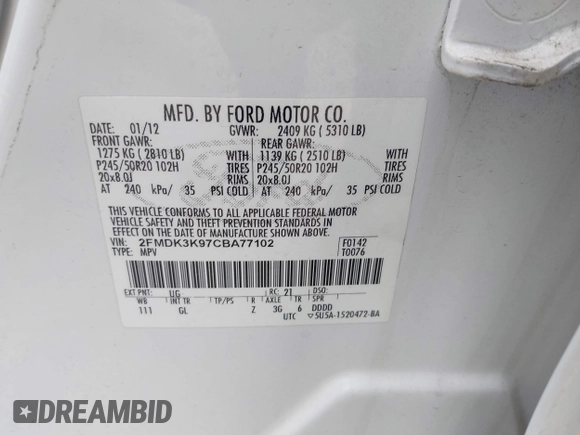 2012 Ford Edge Limited with VIN 2FMDK3K97CBA77102, listed as a IAAI auction lot 42012687 with 144,692 mi miles. Bid and sale history available at carsss.com. Image 9.