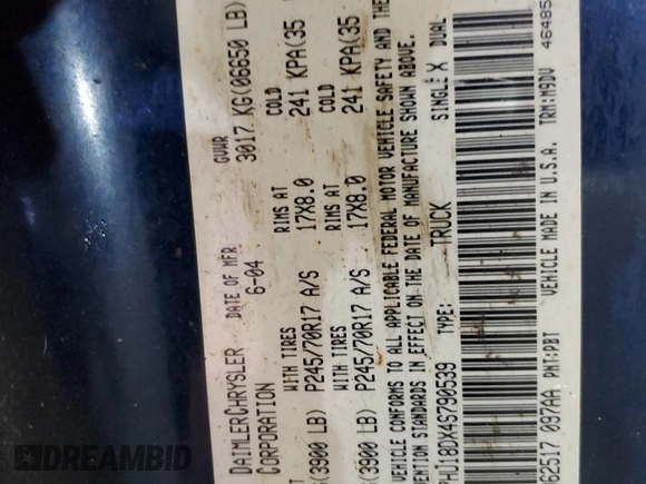 2004 Dodge 1500 SLT with VIN 1D7HU18DX4S790539, listed as a Copart auction lot 55386765 with Not Provided miles and Clean Title. Bid and sale history available at DreamBid. Image 12.