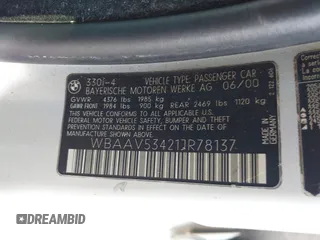 2001 BMW 3 Series 330i with VIN WBAAV53421JR78137, listed as a IAAI auction lot 42731489 with 162,849 mi miles and . Bid and sale history available at DreamBid. Image 9.