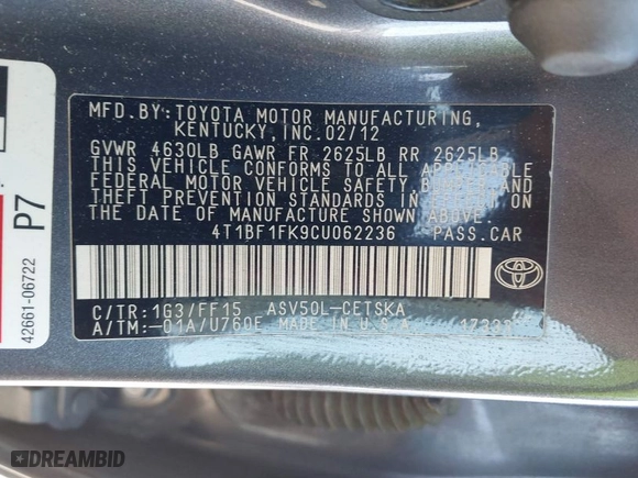 2012 Toyota Camry L with VIN 4T1BF1FK9CU062236, listed as a IAAI auction lot 40561182 with 1 mi miles. Bid and sale history available at carsss.com. Image 9.