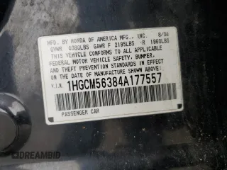 2004 Honda Accord LX with VIN 1HGCM56384A177557, listed as a Copart auction lot 58210955 with 173,972 mi miles and Clean title. Bid and sale history available at DreamBid. Image 12.