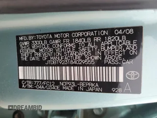 2008 Toyota Yaris with VIN JTDBT923184029555, listed as a Copart auction lot 50807755 with 98,072 mi miles and Salvage Title. Bid and sale history available at DreamBid. Image 14.