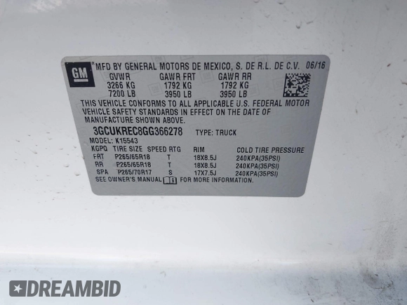 2016 Chevrolet Silverado 1500 LT with VIN 3GCUKREC8GG366278, listed as a IAAI auction lot 41993038 with 176,515 mi miles and . Bid and sale history available at DreamBid. Image 9.