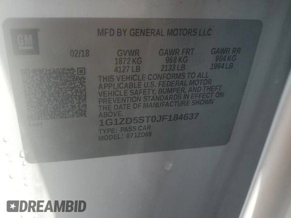 2018 Chevrolet Malibu LT with VIN 1G1ZD5ST0JF184637, listed as a Copart auction lot 51991275 with Not Provided miles and Salvage Title. Bid and sale history available at DreamBid. Image 12.