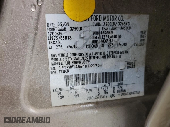 2004 Ford F-150 XLT with VIN 1FTPW14564KD21754, listed as a Copart auction lot 59007395 with 171,537 mi miles and Salvage title. Bid and sale history available at DreamBid. Image 12.