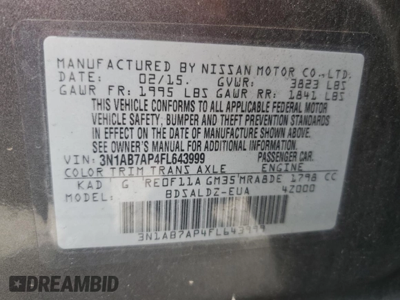 2015 Nissan Sentra SV z VIN 3N1AB7AP4FL643999, wystawiony jako Copart lot #59840345 z przebiegiem 140 475 mil mil oraz Nie do naprawy • Non repairable. Historia ofert i sprzedaży dostępna na DreamBid. Obrazek 12.