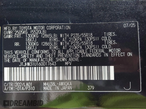2006 Lexus RX 400h с VIN JTJHW31U160017643, выставлен на аукционе IAAI как лот 42755460 с пробегом 114 324 миль миль и . История ставок и продаж доступна на DreamBid. Изображение 9.
